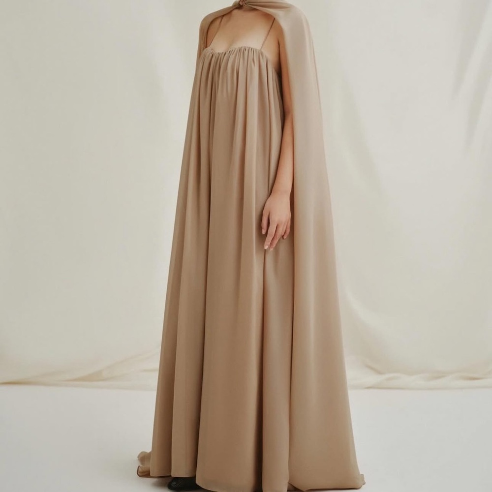 100% Silk Elegant Tan Draped Gown & dress